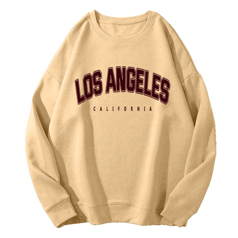 Stylish beige women's sweatshirt with 'Los Angeles California' graphic print, warm loose fit, perfect for cozy everyday wear.